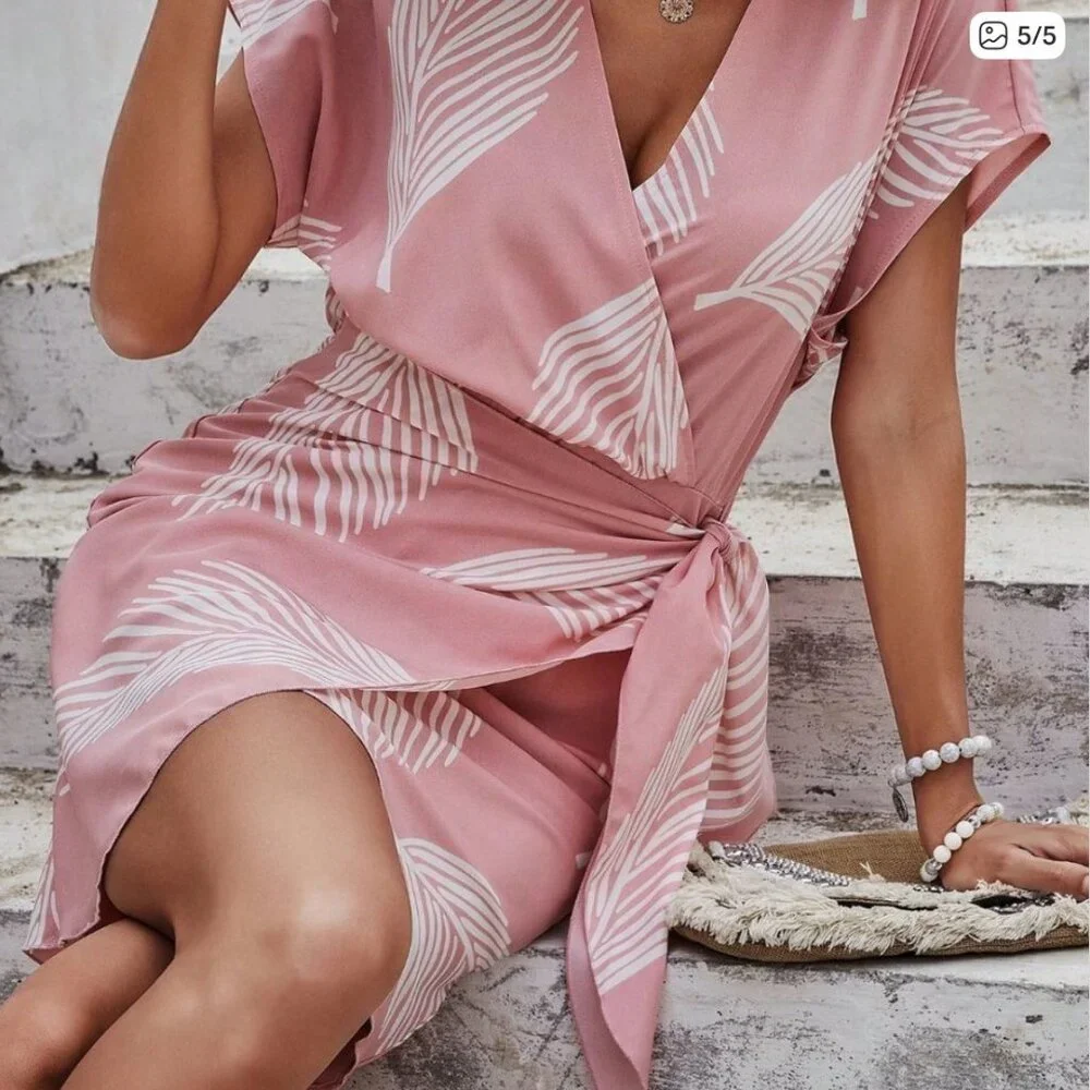 Pink Boho Women's Tropical Print Batwing Sleeve Knot Side Wrap Dress - Picture 5 of 5